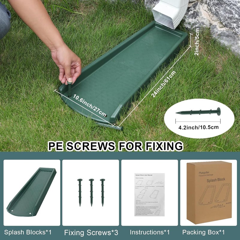 plusgutter Rain Gutter Downspout Splash Block, Gutter Downspout Extensions for Water Drainage, 24" Gutter Splash Guards Downspout Extender, Fixable Down spout Drain Trays with PE Nails(1 Pack, Green) - Image 5